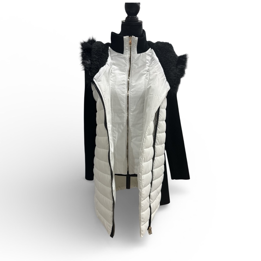 Frank Lyman Design Black and White Puffer Jacket with Faux Fur